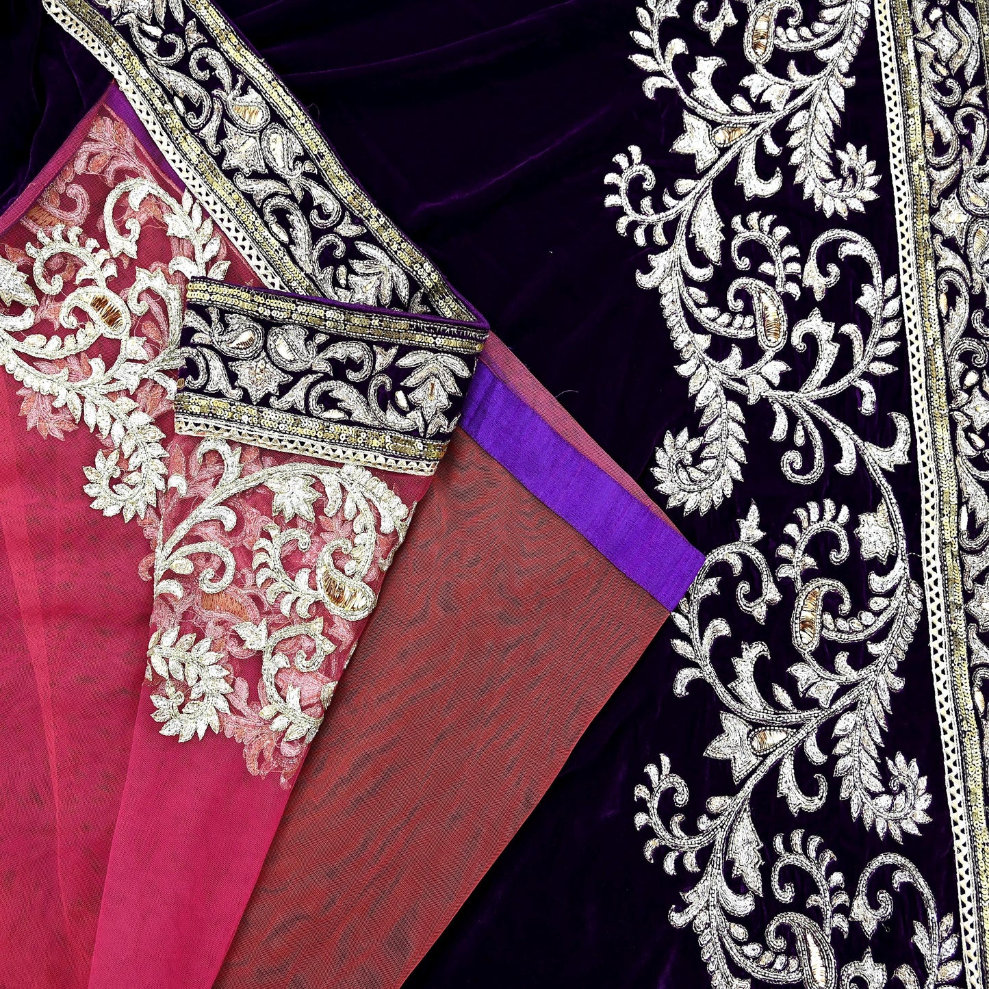 Indian Pre-Owned Sari Purple & Pink Net/Mesh/Velvet Hand Embroidered Designer Manish Malhotra Sarees Ethnic Zardozi/Dabka Zari Wedding Saree