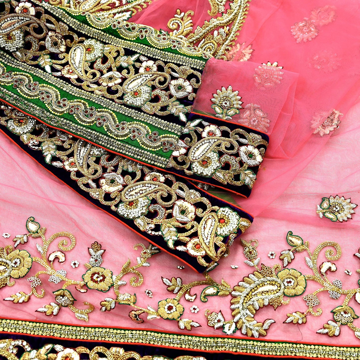 Indian Pre-Owned Sari Pink Net/Mesh Hand Embroidered Designer Tarun Tahiliani Lehenga Sarees Ethnic Zardozi/Dabka Zari Wedding Sarees