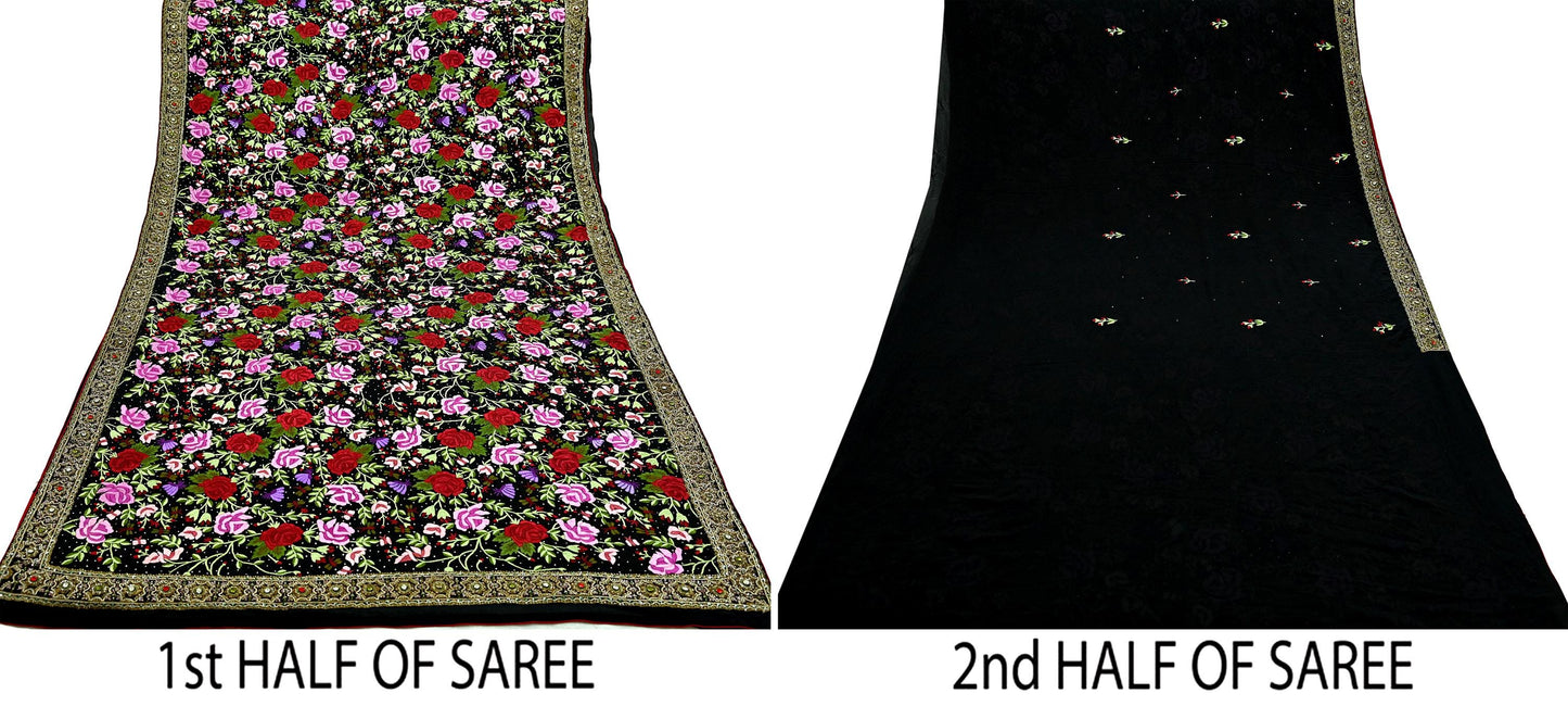 Indian Pre-owned Heavy Sari Black Pure Georgette Silk Hand Embroidered Sarees Designer Abu Jani 6Yd Sewing Ethnic Bollywood Designer Sarees