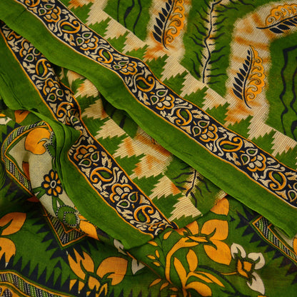 Indian Vintage Green Saree Printed Pure Cotton Sari Craft Fabric Soft 5Yd Sewing Sarong Wrap Boho Floral Dress making Crafting Quilting
