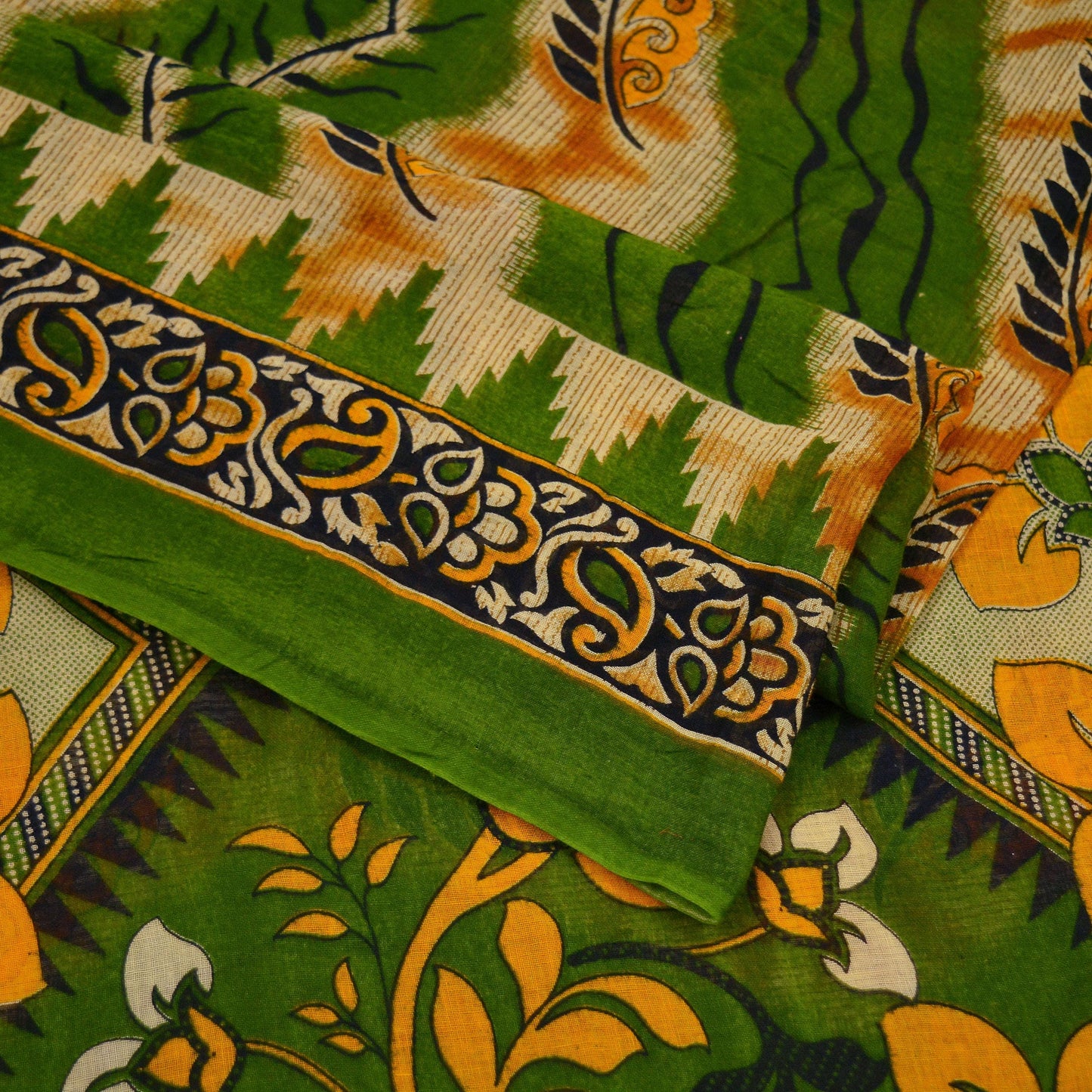 Indian Vintage Green Saree Printed Pure Cotton Sari Craft Fabric Soft 5Yd Sewing Sarong Wrap Boho Floral Dress making Crafting Quilting