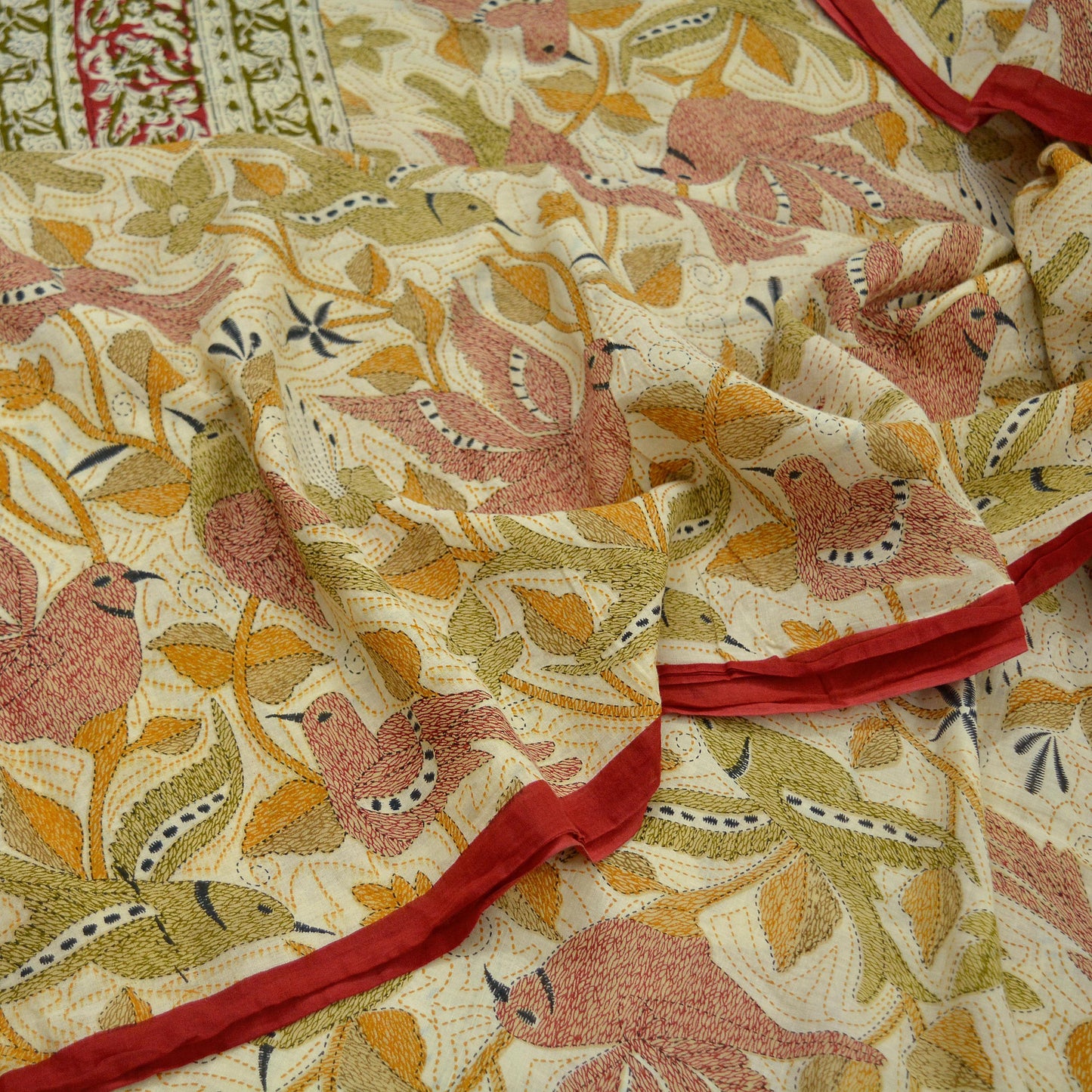 Indian Vintage Sari Ivory Printed Pure Cotton Sarees 5Yd Craft Fabric Soft Sewing Sarong Wrap Boho Upcycle quilting Dress making