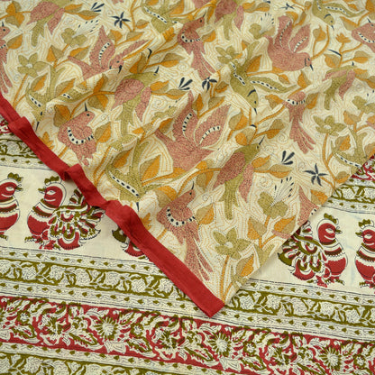 Indian Vintage Sari Ivory Printed Pure Cotton Sarees 5Yd Craft Fabric Soft Sewing Sarong Wrap Boho Upcycle quilting Dress making