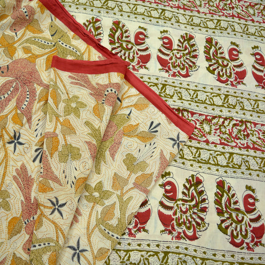 Indian Vintage Sari Ivory Printed Pure Cotton Sarees 5Yd Craft Fabric Soft Sewing Sarong Wrap Boho Upcycle quilting Dress making