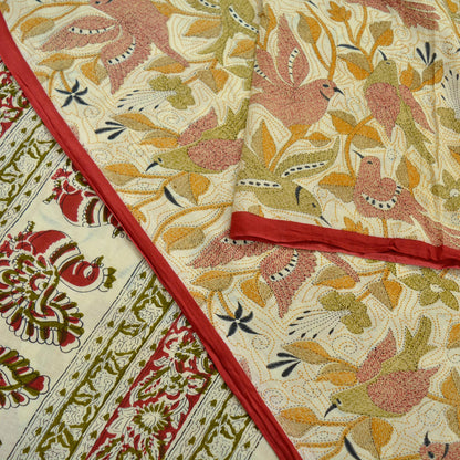 Indian Vintage Sari Ivory Printed Pure Cotton Sarees 5Yd Craft Fabric Soft Sewing Sarong Wrap Boho Upcycle quilting Dress making