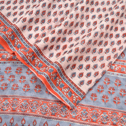 Indian Vintage Sari White & Gray Printed 100% Pure Cotton Sarees Craft Soft Fabric 5Yd Sewing Sarong Wrap Boho Floral Dress making Crafting