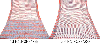 Indian Vintage Sari White & Gray Printed 100% Pure Cotton Sarees Craft Soft Fabric 5Yd Sewing Sarong Wrap Boho Floral Dress making Crafting