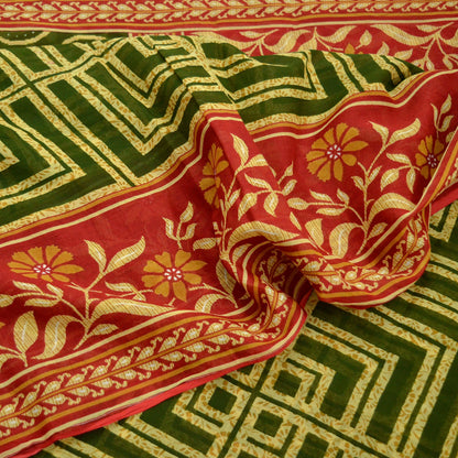Indian Vintage Sari Green, Beige & Red Printed Pure Cotton Saree Craft Fabric 5Yd Sewing Sarong Wrap Boho Floral Crafting Upcycle Quilting