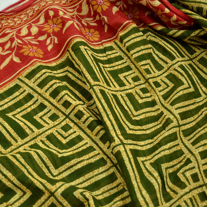 Indian Vintage Sari Green, Beige & Red Printed Pure Cotton Saree Craft Fabric 5Yd Sewing Sarong Wrap Boho Floral Crafting Upcycle Quilting