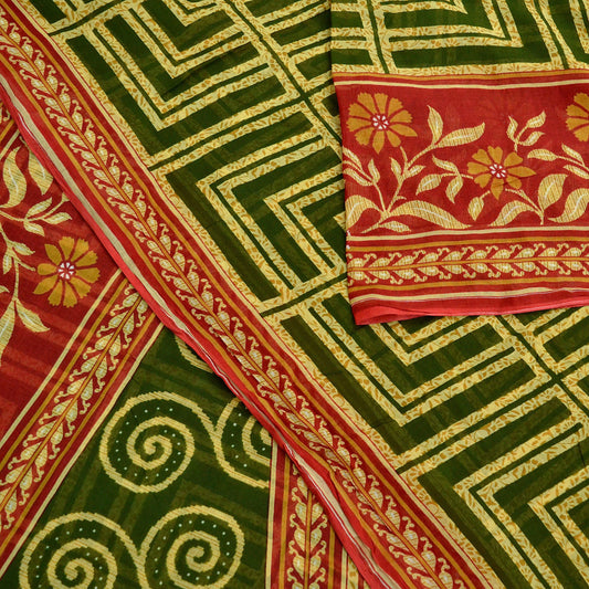 Indian Vintage Sari Green, Beige & Red Printed Pure Cotton Saree Craft Fabric 5Yd Sewing Sarong Wrap Boho Floral Crafting Upcycle Quilting