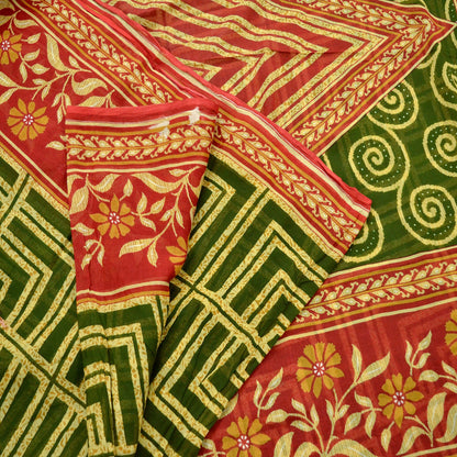 Indian Vintage Sari Green, Beige & Red Printed Pure Cotton Saree Craft Fabric 5Yd Sewing Sarong Wrap Boho Floral Crafting Upcycle Quilting