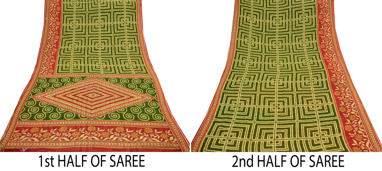 Indian Vintage Sari Green, Beige & Red Printed Pure Cotton Saree Craft Fabric 5Yd Sewing Sarong Wrap Boho Floral Crafting Upcycle Quilting