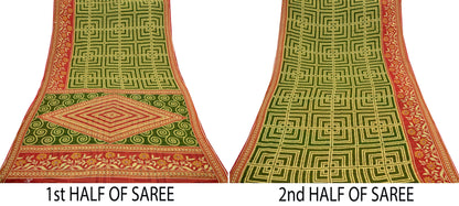 Indian Vintage Sari Green, Beige & Red Printed Pure Cotton Saree Craft Fabric 5Yd Sewing Sarong Wrap Boho Floral Crafting Upcycle Quilting
