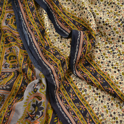 Indian Vintage Sari Ivory Printed Pure Cotton Sarees 5Yd Craft Fabric Soft Sewing Sarong Wrap Boho Upcycle quilting Dress making