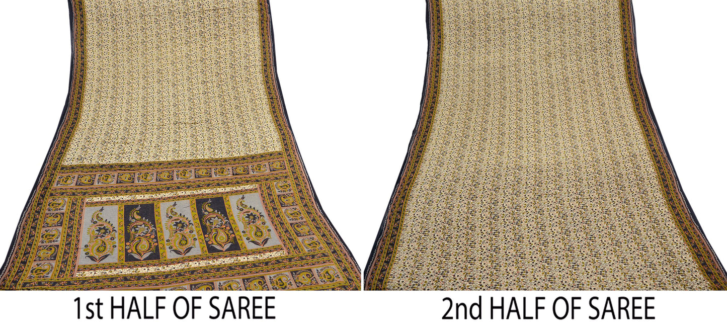Indian Vintage Sari Ivory Printed Pure Cotton Sarees 5Yd Craft Fabric Soft Sewing Sarong Wrap Boho Upcycle quilting Dress making