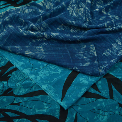 Indian Vintage Blue Saree Pure Crepe Silk Printed Sari 5yd Sewing Abstract Soft Craft Fabric Wrap Dress making Crafting Quilting Upcycle