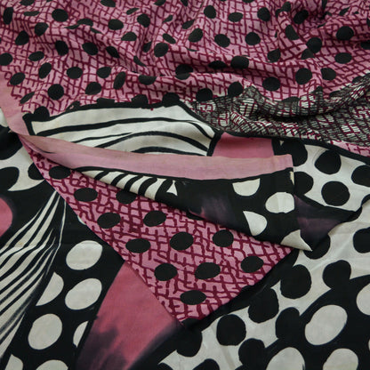 Indian Vintage Sari Pink & Black Pure Crepe Silk Printed Sarees 6yd Sewing Floral Soft Craft Fabric Ethnic Wrap