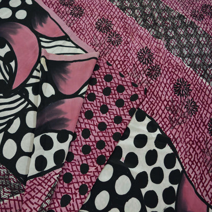 Indian Vintage Sari Pink & Black Pure Crepe Silk Printed Sarees 6yd Sewing Floral Soft Craft Fabric Ethnic Wrap