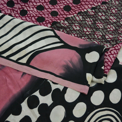 Indian Vintage Sari Pink & Black Pure Crepe Silk Printed Sarees 6yd Sewing Floral Soft Craft Fabric Ethnic Wrap
