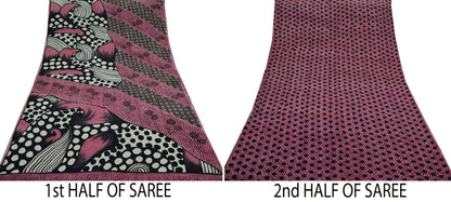 Indian Vintage Sari Pink & Black Pure Crepe Silk Printed Sarees 6yd Sewing Floral Soft Craft Fabric Ethnic Wrap