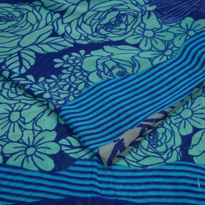 Indian Vintage Sari Blue & Green 100% Pure Georgette Silk Printed Sarees Sewing 5yd Craft Soft Dress Designing for Crafting Abstract