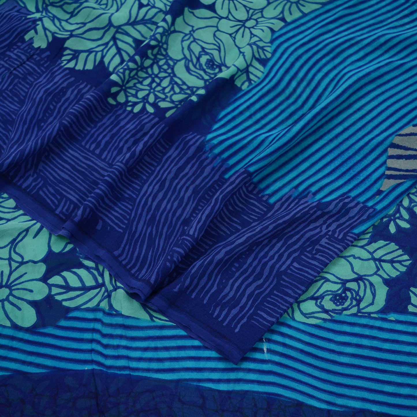Indian Vintage Sari Blue & Green 100% Pure Georgette Silk Printed Sarees Sewing 5yd Craft Soft Dress Designing for Crafting Abstract