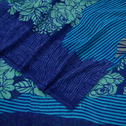 Indian Vintage Sari Blue & Green 100% Pure Georgette Silk Printed Sarees Sewing 5yd Craft Soft Dress Designing for Crafting Abstract
