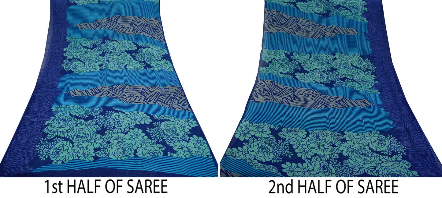 Indian Vintage Sari Blue & Green 100% Pure Georgette Silk Printed Sarees Sewing 5yd Craft Soft Dress Designing for Crafting Abstract