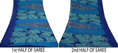 Indian Vintage Sari Blue & Green 100% Pure Georgette Silk Printed Sarees Sewing 5yd Craft Soft Dress Designing for Crafting Abstract