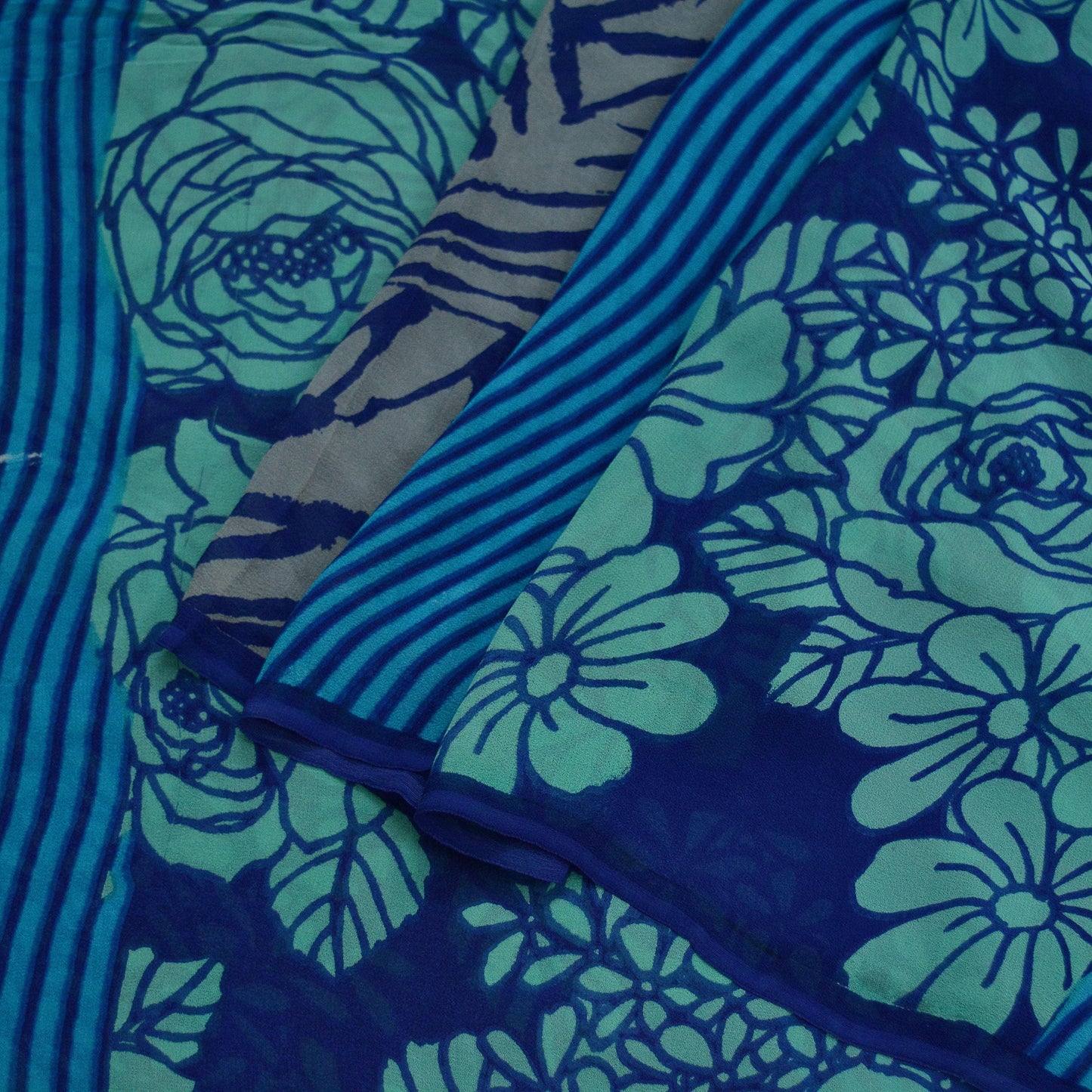 Indian Vintage Sari Blue & Green 100% Pure Georgette Silk Printed Sarees Sewing 5yd Craft Soft Dress Designing for Crafting Abstract