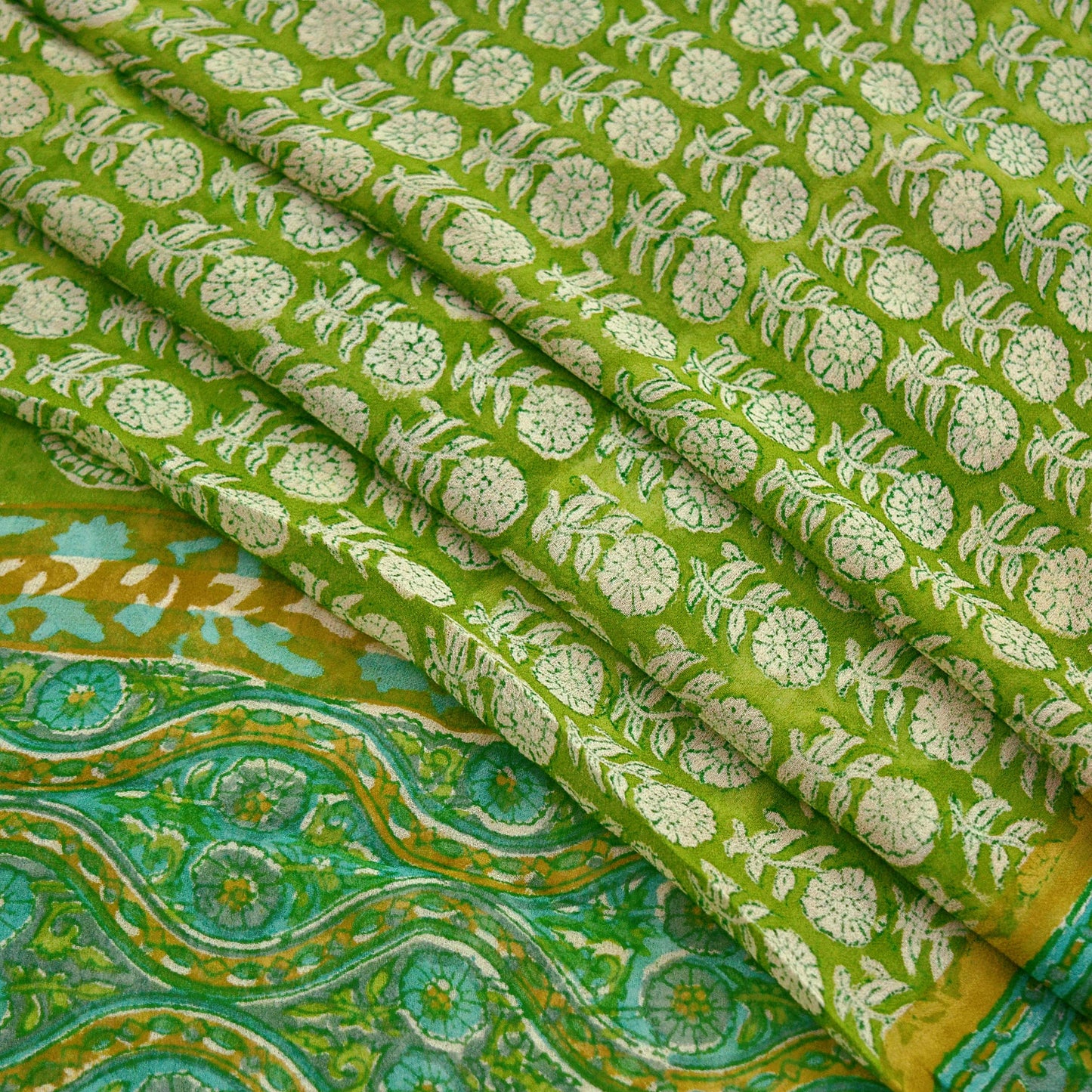 Women Vintage Sari Ivory & Green 100% Pure Georgette Silk Block Printed Saree Craft Fabric Sewing 5Yard Soft Sari Dress Making