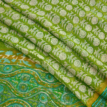 Women Vintage Sari Ivory & Green 100% Pure Georgette Silk Block Printed Saree Craft Fabric Sewing 5Yard Soft Sari Dress Making