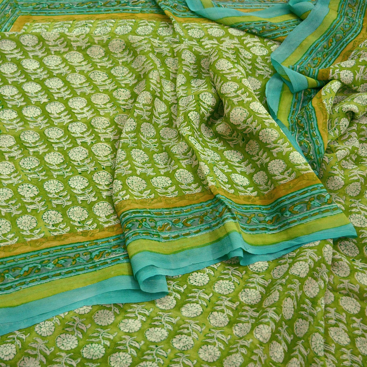 Women Vintage Sari Ivory & Green 100% Pure Georgette Silk Block Printed Saree Craft Fabric Sewing 5Yard Soft Sari Dress Making