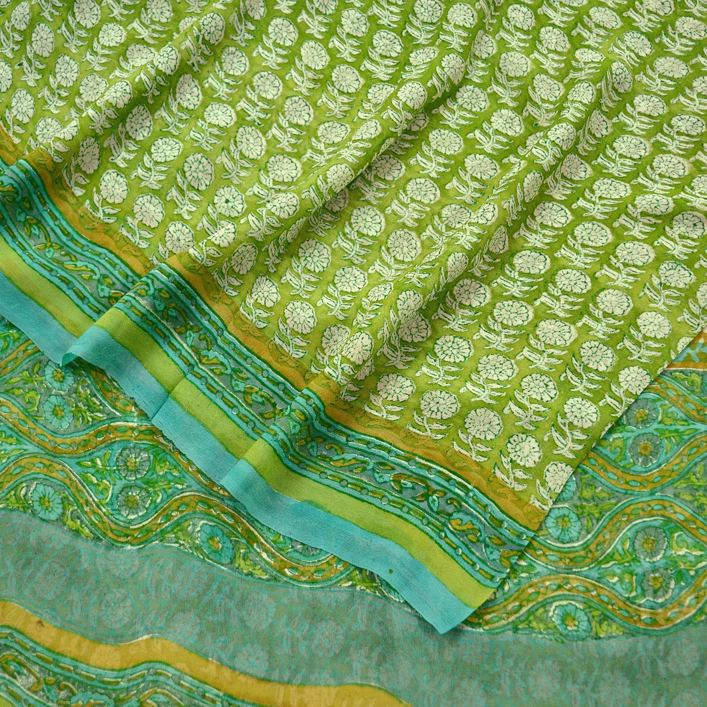 Women Vintage Sari Ivory & Green 100% Pure Georgette Silk Block Printed Saree Craft Fabric Sewing 5Yard Soft Sari Dress Making