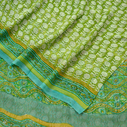 Women Vintage Sari Ivory & Green 100% Pure Georgette Silk Block Printed Saree Craft Fabric Sewing 5Yard Soft Sari Dress Making