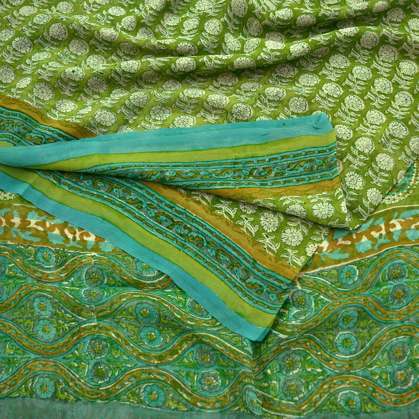 Women Vintage Sari Ivory & Green 100% Pure Georgette Silk Block Printed Saree Craft Fabric Sewing 5Yard Soft Sari Dress Making