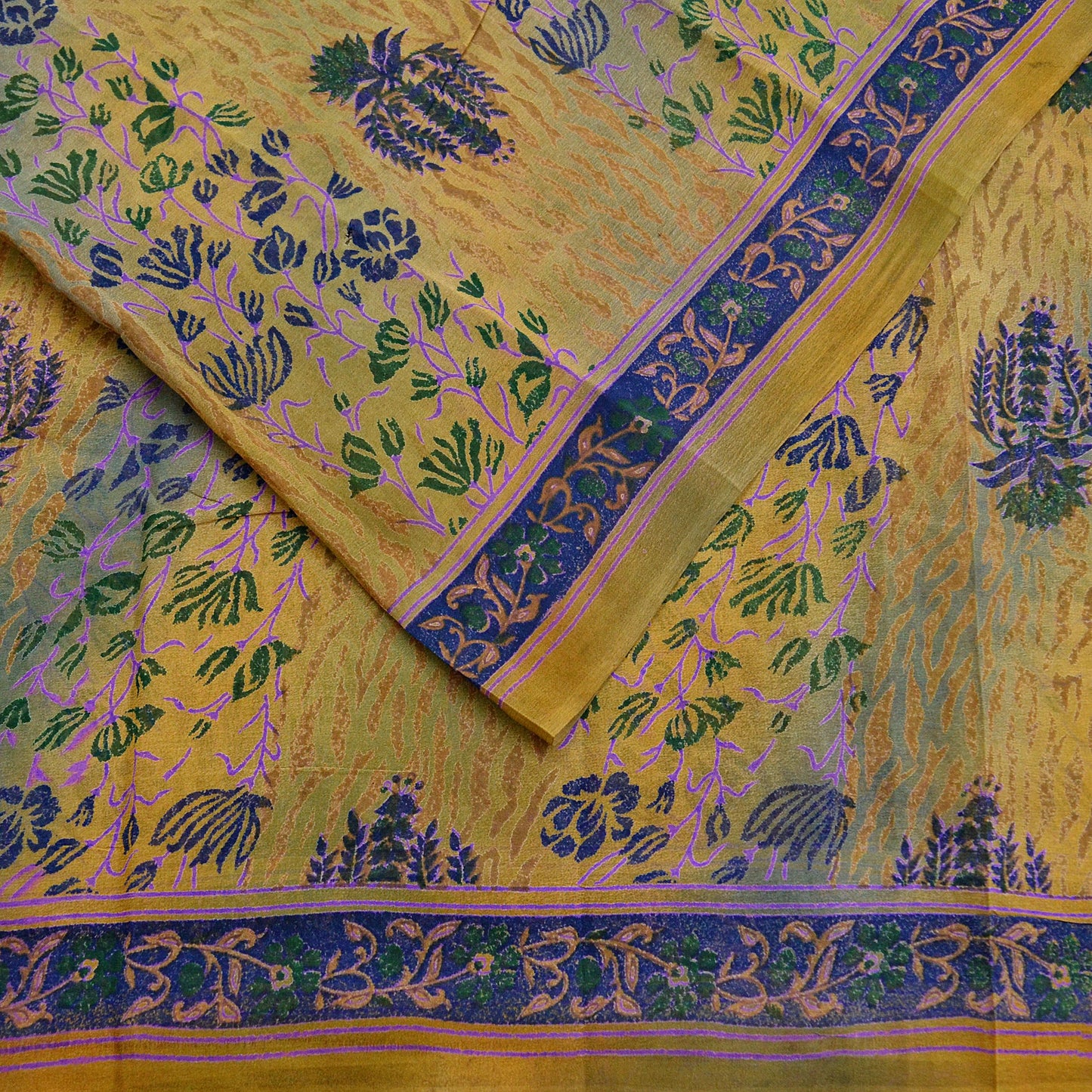 Women Vintage Saree Green & Saffron Pure Georgette Silk Printed Sari 5yd Craft Fabric Sewing Crafting Dress making Quilting Upcycle Used