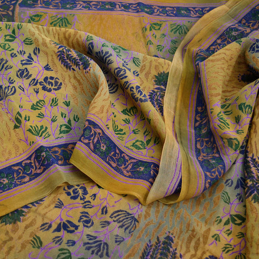 Women Vintage Saree Green & Saffron Pure Georgette Silk Printed Sari 5yd Craft Fabric Sewing Crafting Dress making Quilting Upcycle Used