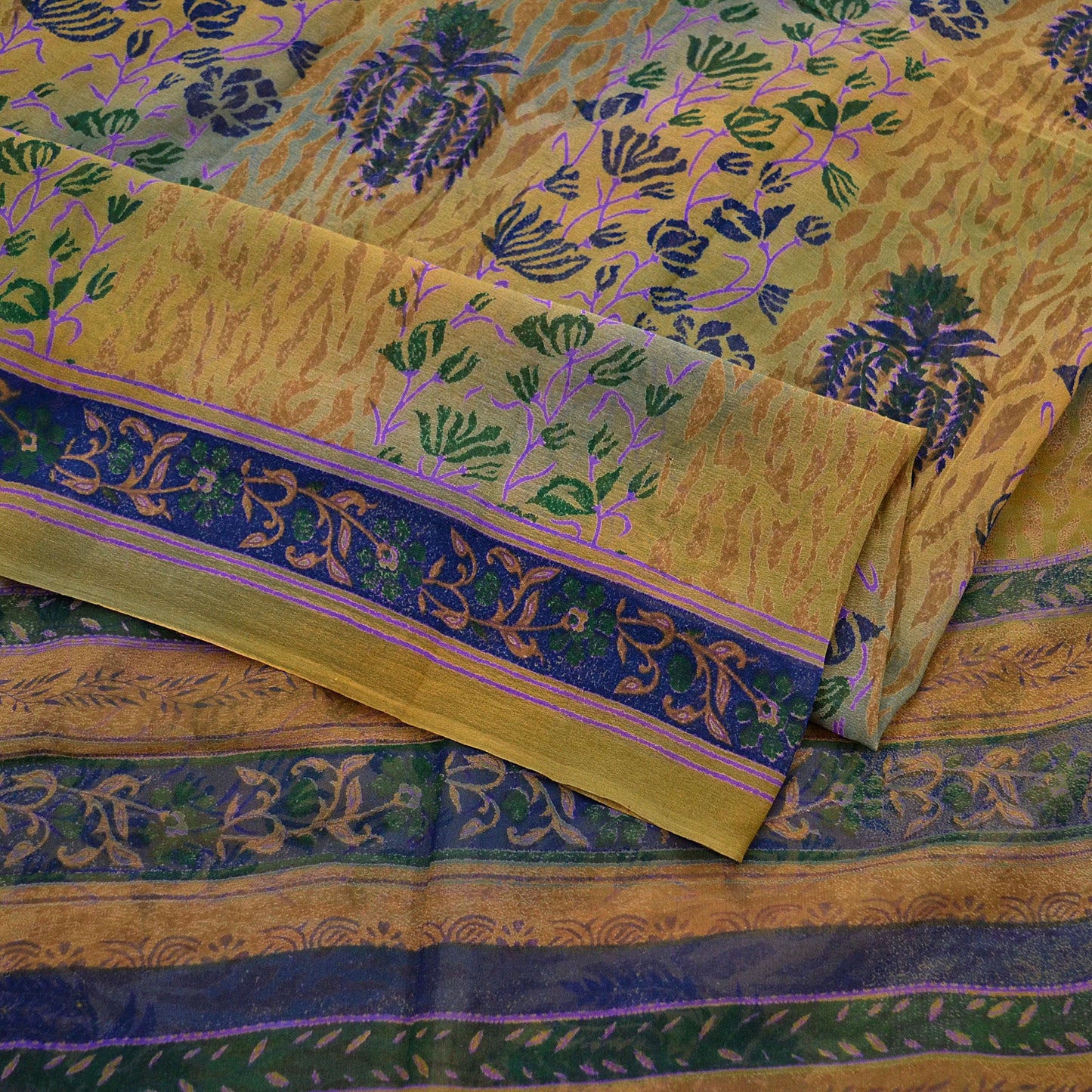 Women Vintage Saree Green & Saffron Pure Georgette Silk Printed Sari 5yd Craft Fabric Sewing Crafting Dress making Quilting Upcycle Used