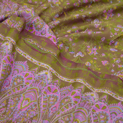 Indian Vintage Sari Green & Pink Pure Silk Printed Sarees 5yd Sewing Craft Fabric Dress Making  Soft Wrap Upcycle Used Quilting Crafting