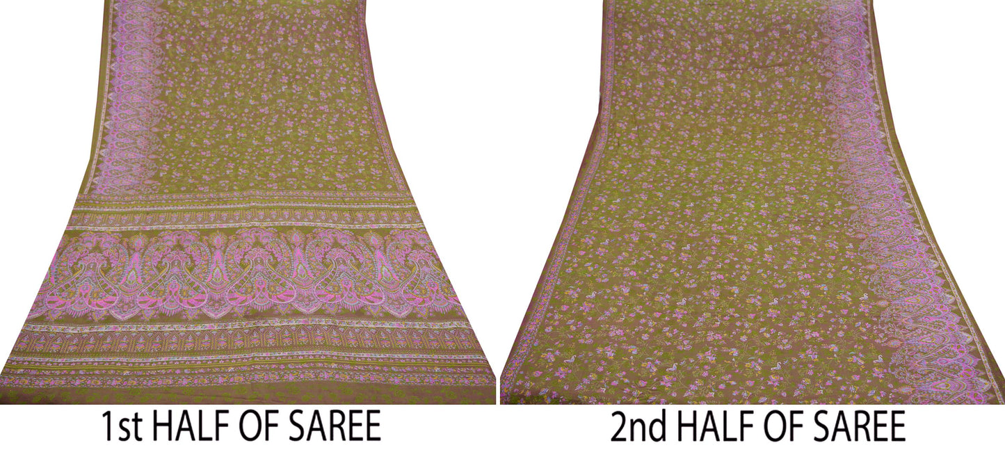 Indian Vintage Sari Green & Pink Pure Silk Printed Sarees 5yd Sewing Craft Fabric Dress Making  Soft Wrap Upcycle Used Quilting Crafting