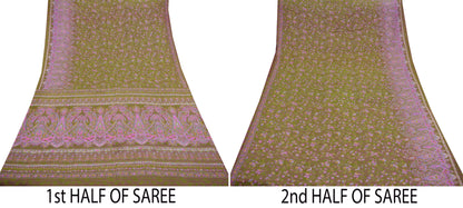 Indian Vintage Sari Green & Pink Pure Silk Printed Sarees 5yd Sewing Craft Fabric Dress Making  Soft Wrap Upcycle Used Quilting Crafting