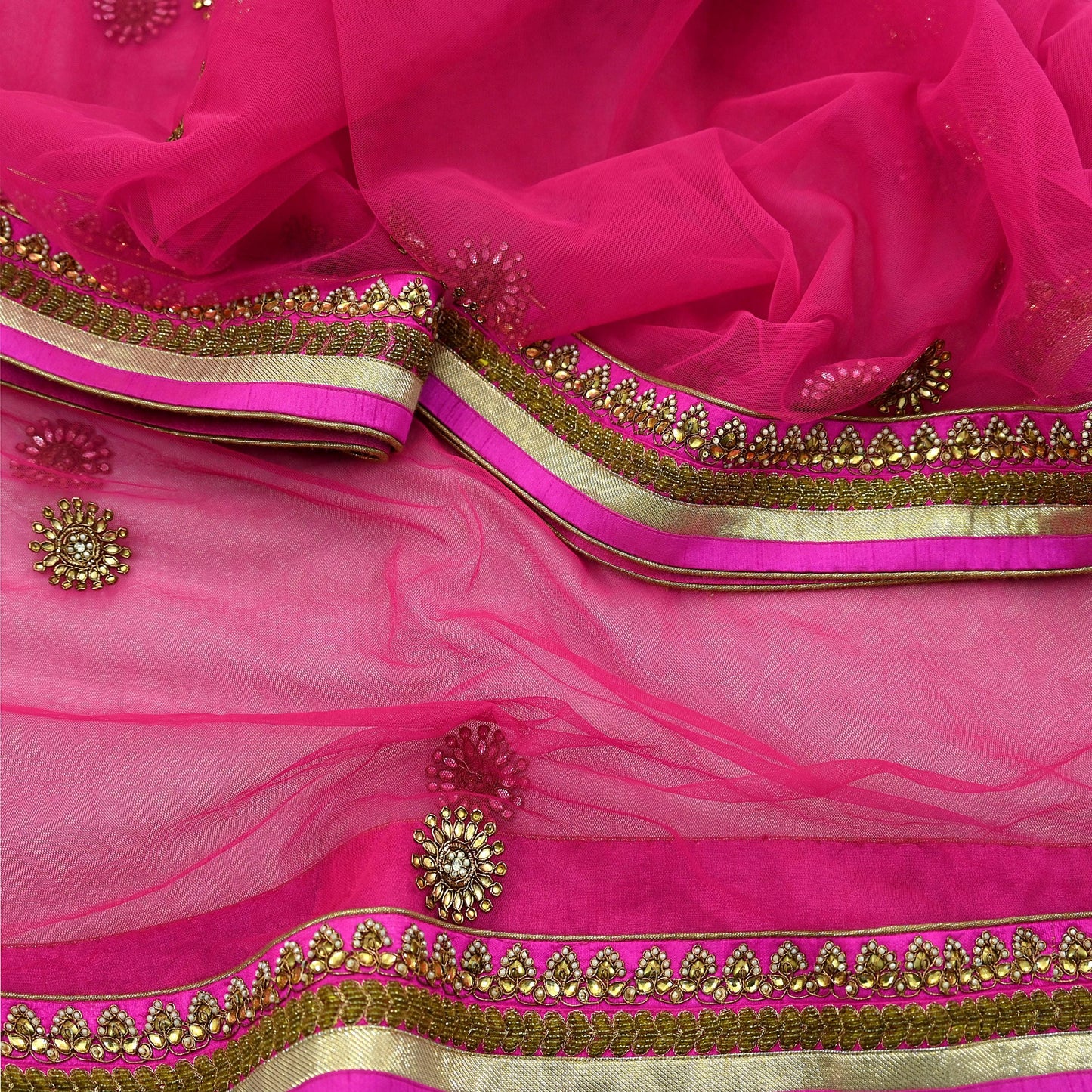 Indian Designer Abu Jani Dupatta Rani Pink Net Mesh Hand Embroidered Zardozi Dabka Bridal Veil Preowned Heavy Scarf