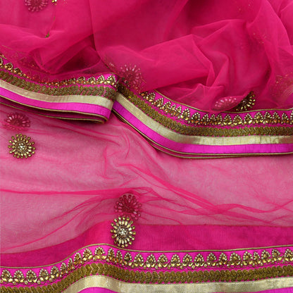 Indian Designer Abu Jani Dupatta Rani Pink Net Mesh Hand Embroidered Zardozi Dabka Bridal Veil Preowned Heavy Scarf