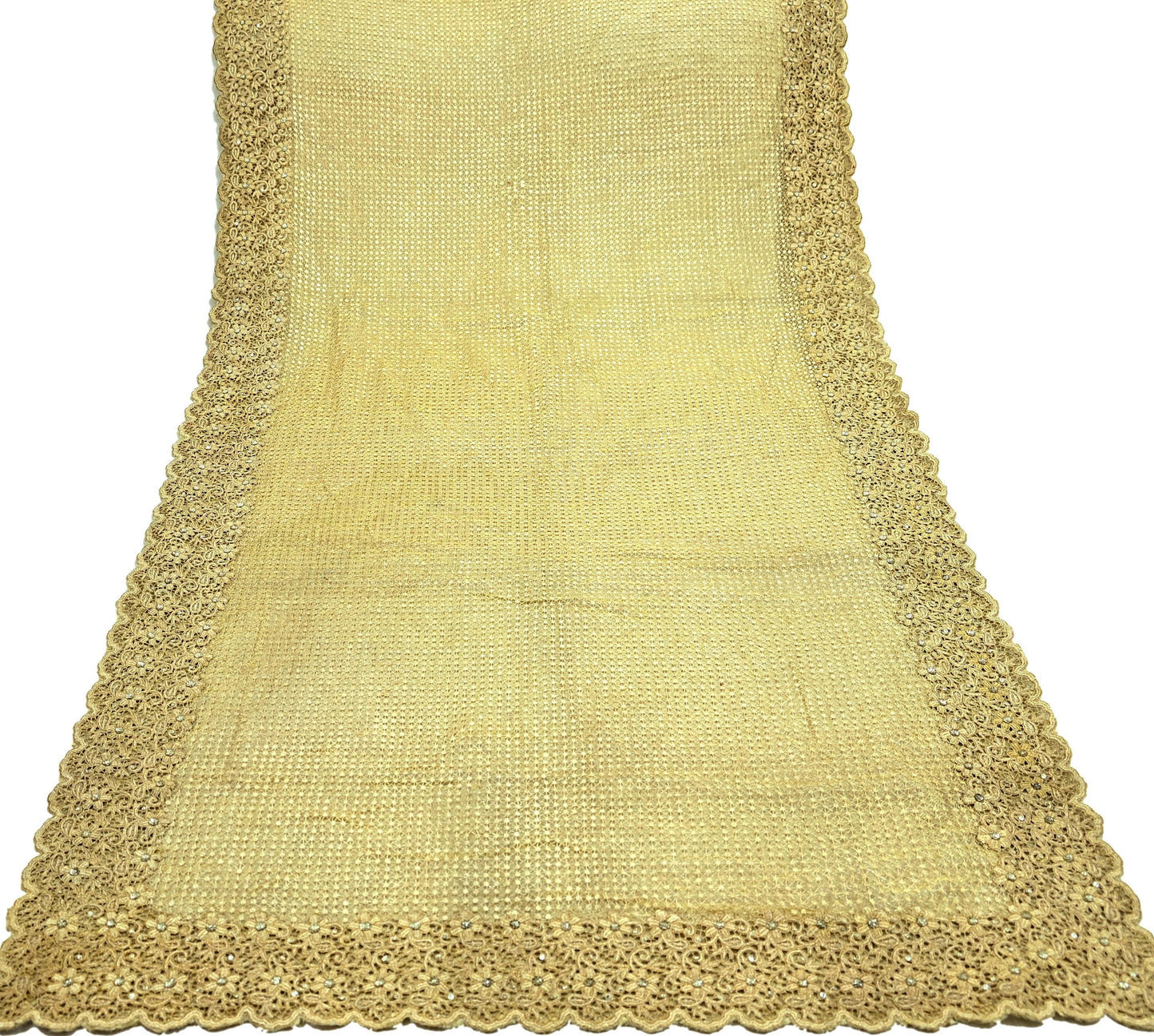 Indian Pre-owned Heavy Wedding Dupatta Golden Pure Tissue Silk Long Stole Hand Embroidered By Designer Abu Jani Scarves Bridal Veil