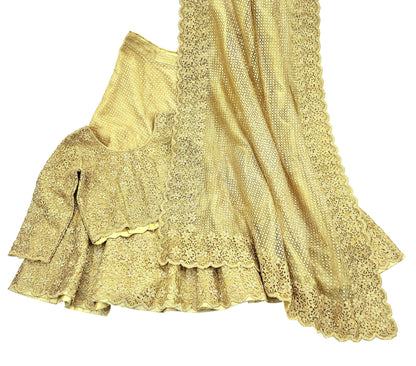 Indian Pre-owned Heavy Wedding Golden Pure Tissue Silk Hand Embroidered Lehenga 3pcs Set By Designer Abu Jani Bridal Wear With Blouse