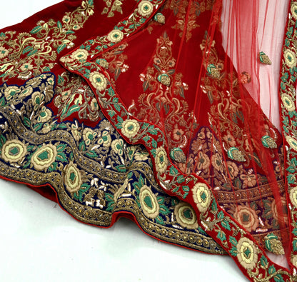 Indian Pre-owned Heavy Wedding Red Net/Mesh/ Pure satin Silk Hand Embroidered Lehenga/Dupatta Designer By Sabyasachi Zardozi Bridal Wear