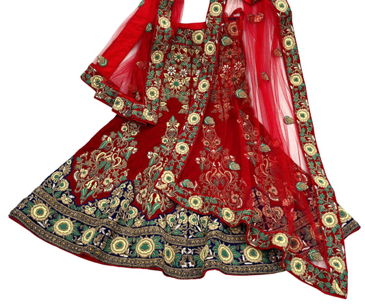 Indian Pre-owned Heavy Wedding Red Net/Mesh/ Pure satin Silk Hand Embroidered Lehenga/Dupatta Designer By Sabyasachi Zardozi Bridal Wear