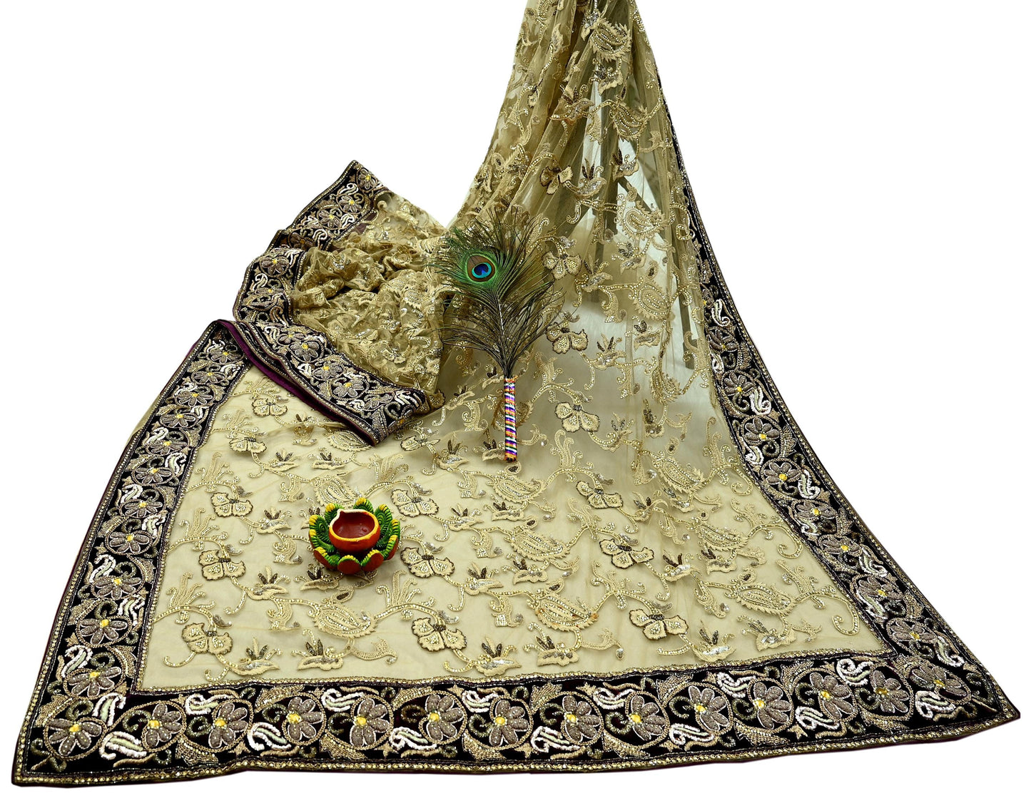 Indian Pre-owned Sari Olive Green Net/Mesh Hand Embroidered Anamika Khanna Designer Sarees Ethnic 6Yd Sewing  Zardozi, Zari Wedding Sarees