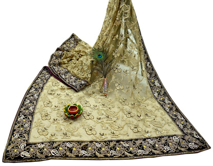 Indian Pre-owned Sari Olive Green Net/Mesh Hand Embroidered Anamika Khanna Designer Sarees Ethnic 6Yd Sewing  Zardozi, Zari Wedding Sarees